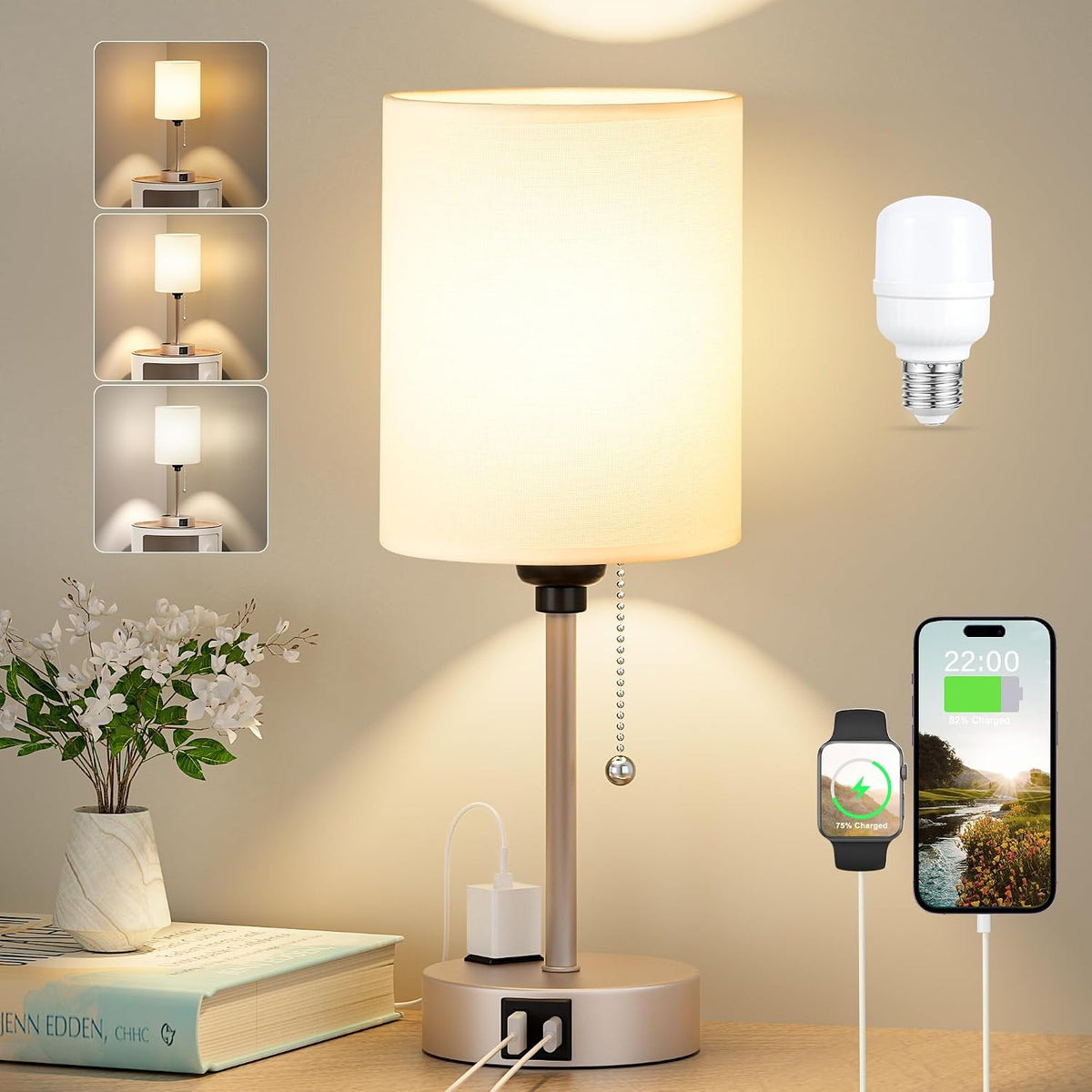 Dicoool Bedside Table Lamp for Bedroom - Small Desk Lamp with USB Ports
