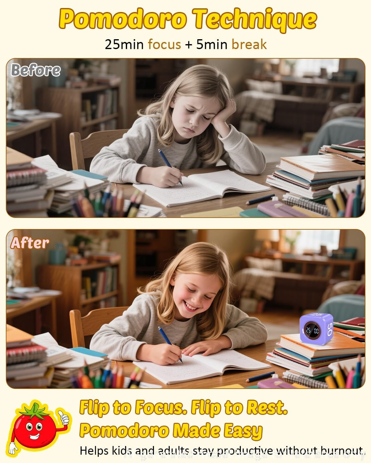 Digital Pomodoro Timer Cube 5/10/25/50min, Visual Productivity Flip Timer for Kids Classroom Desk, Custom Countdown, Silent and Sound Mode for ADHD Study Work Game Kitchen (Purple)