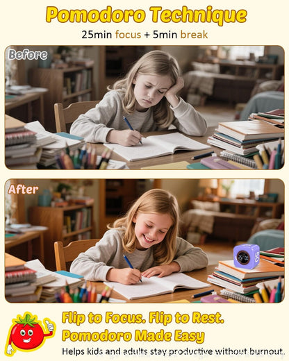 Digital Pomodoro Timer Cube 5/10/25/50min, Visual Productivity Flip Timer for Kids Classroom Desk, Custom Countdown, Silent and Sound Mode for ADHD Study Work Game Kitchen (Purple)