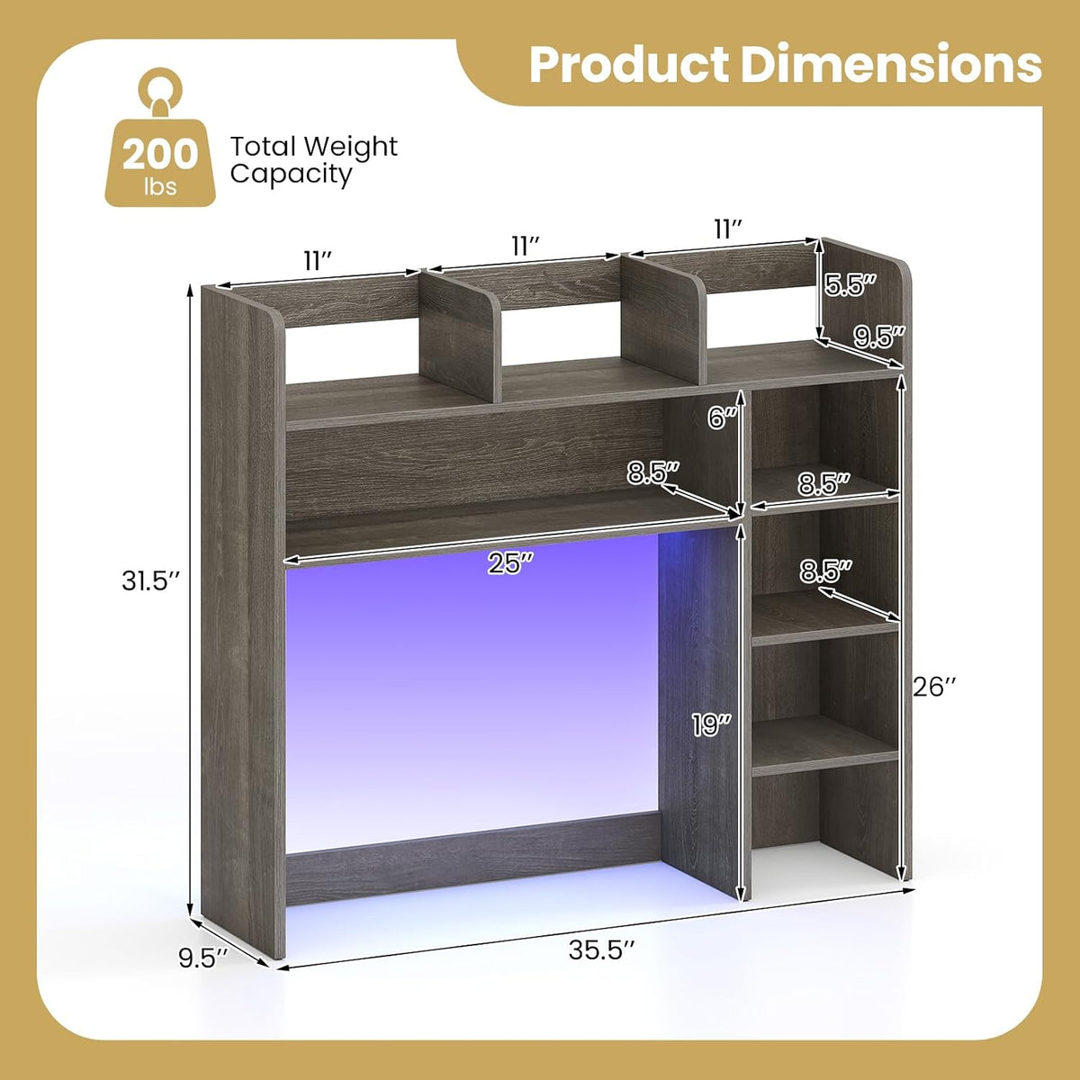 Desktop Bookshelf, Countertop Storage Hutch with 5 Shelves for Computer Desk, Desk 3-Tier Display Rack, Multipurpose Wood Desktop Hutch Storage Organizer for Dorm Office Home