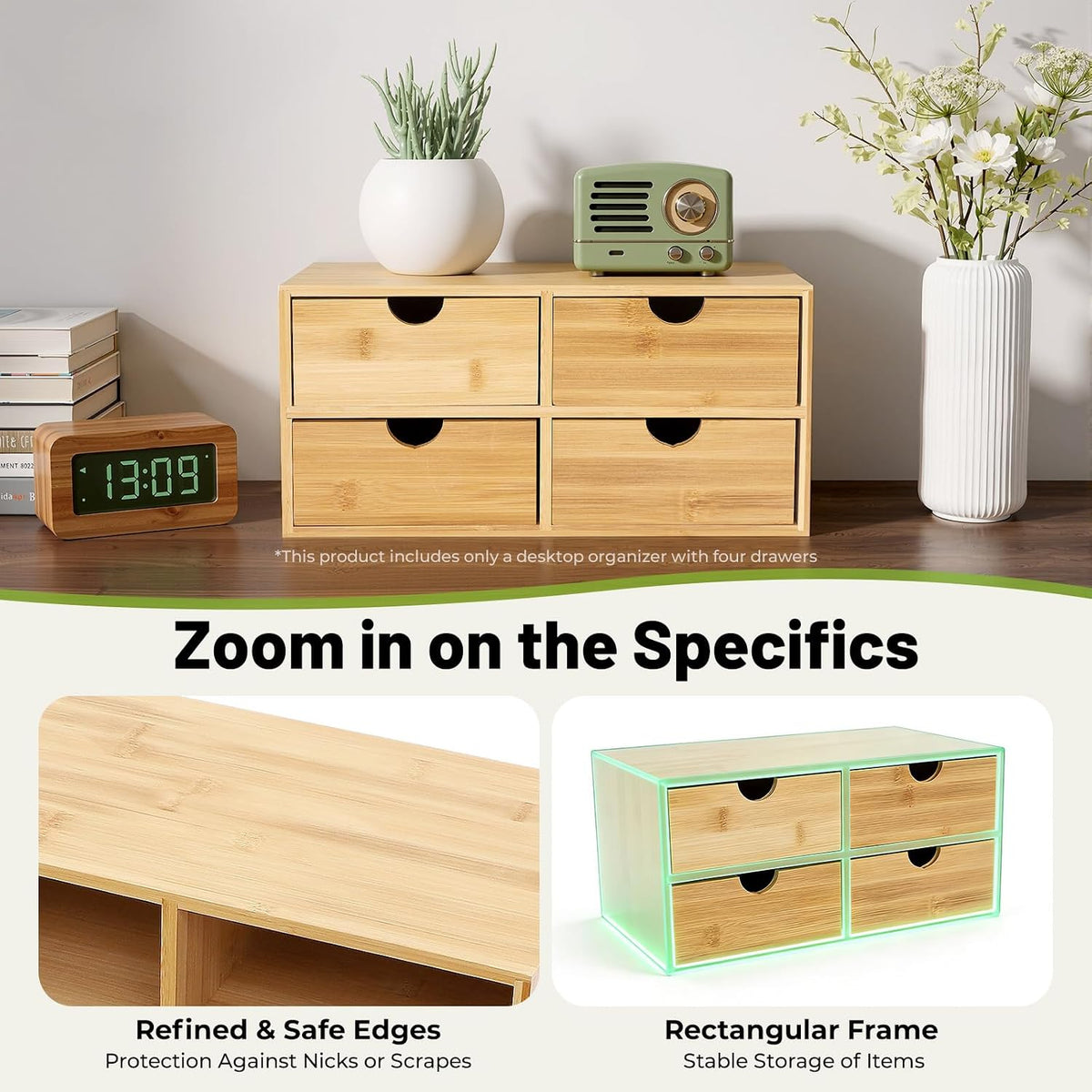 Desk Organizer, Office Vanity Bamboo Desk Organizer, Mini Bamboo Desk Drawer Tabletop Storage Box with 2 Drawer Night Stand Table Organizer for Makeup Vanity Office Supplies (2 Drawer)