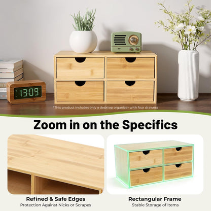 Desk Organizer, Office Vanity Bamboo Desk Organizer, Mini Bamboo Desk Drawer Tabletop Storage Box with 2 Drawer Night Stand Table Organizer for Makeup Vanity Office Supplies (2 Drawer)