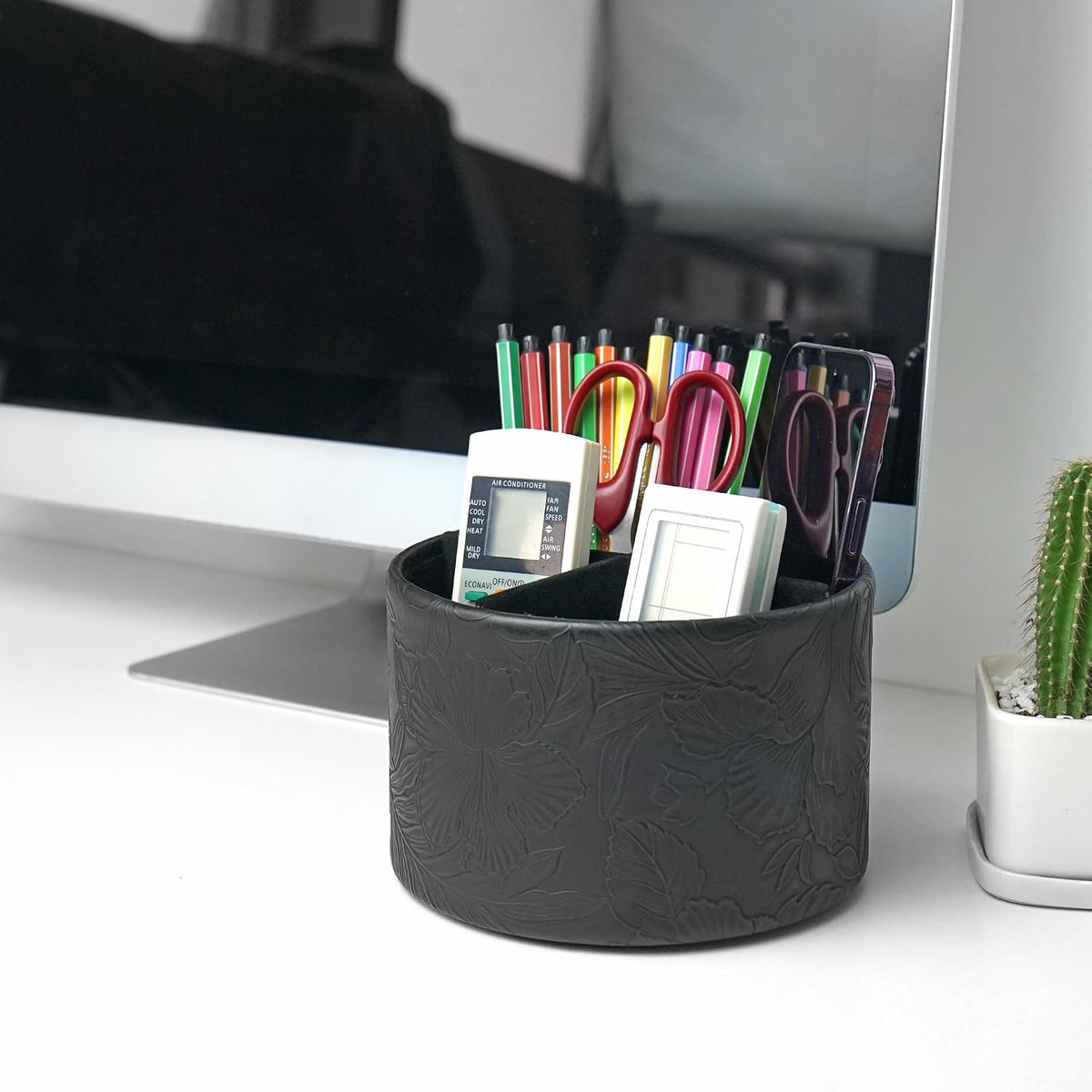 Round Leather Art Supply Organizer,Remote Control Holder,360 Degree Rotating,Multi-Functional Pencil Holder,4 Compartments Desktop Stationary Organizer(1-Blue Bird) - Colors B