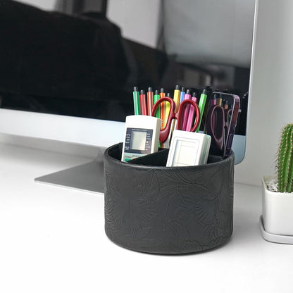 Round Leather Art Supply Organizer,Remote Control Holder,360 Degree Rotating,Multi-Functional Pencil Holder,4 Compartments Desktop Stationary Organizer(1-Blue Bird) - Colors B