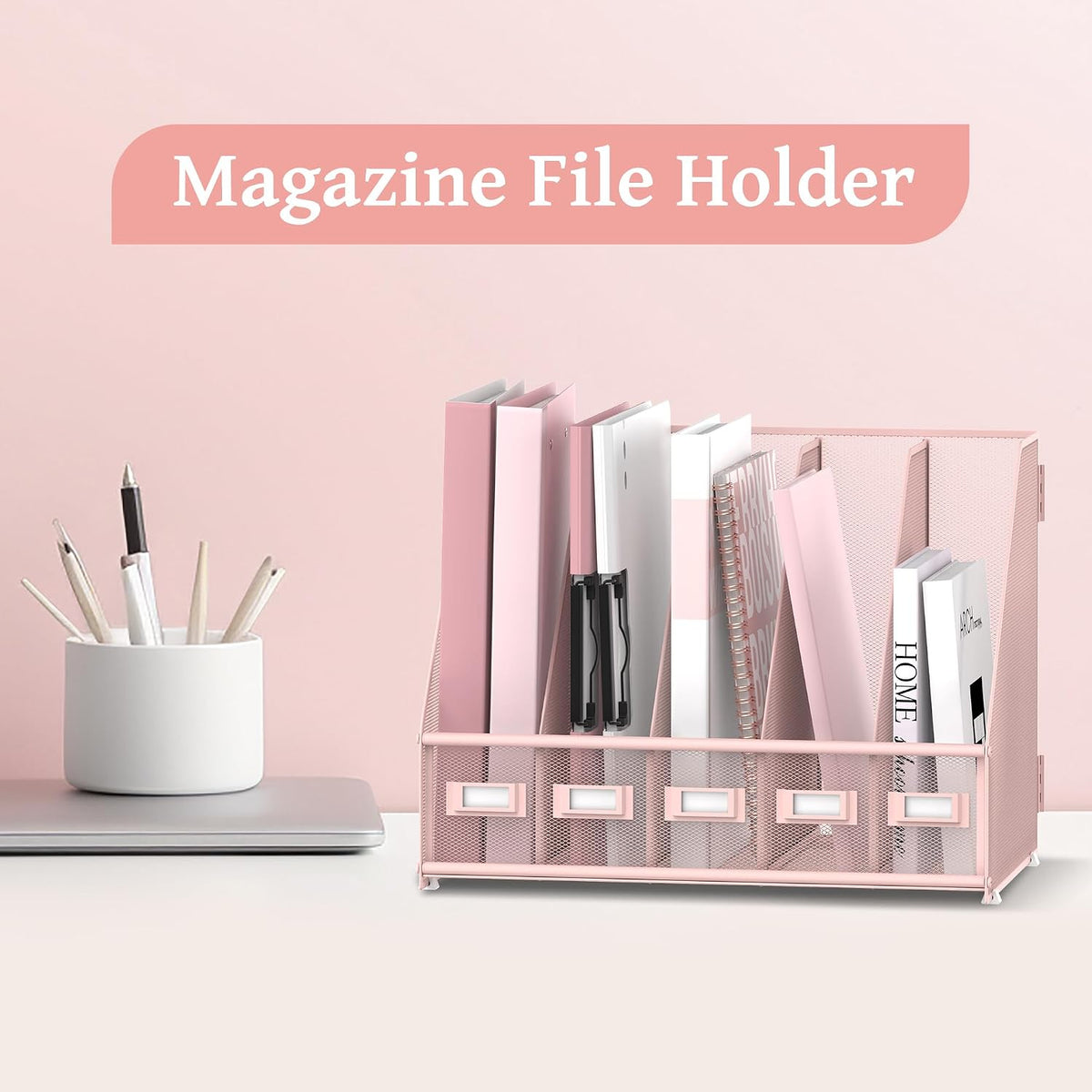 Desk Organizers Metal Desk Magazine File Holder with 5 Vertical Compartments Rack File Organizer for Office Desktop, Classroom, Home Workspace, Black