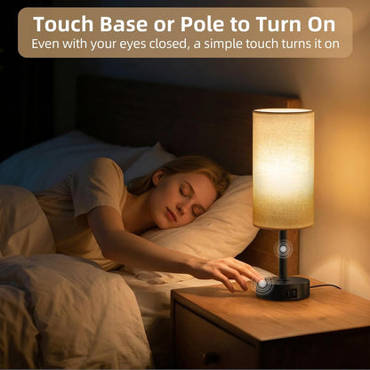 Table Lamp for Nightstand, High-Sensitivity Touch, 3-Level Dimmable Bedside Lamp with AC Outlet | USB | and USB-C, Ideal Night Stand Lamp for Bedroom, Reading, Living Room(Warm&Wooden)