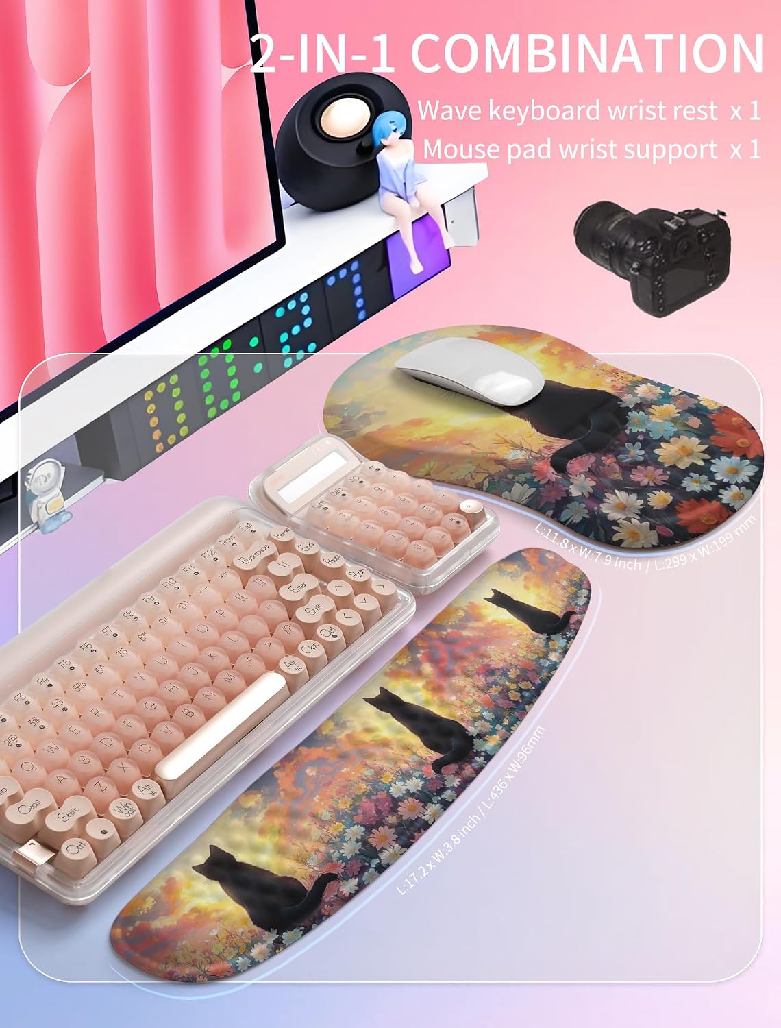 2in1 Combination, Wave Keyboard Wrist Rest and Ergonomic Curvature Mouse Pad Wrist Support for Relieve Wrist Pain, Filled with Soft Cushion Memory Foam, Black