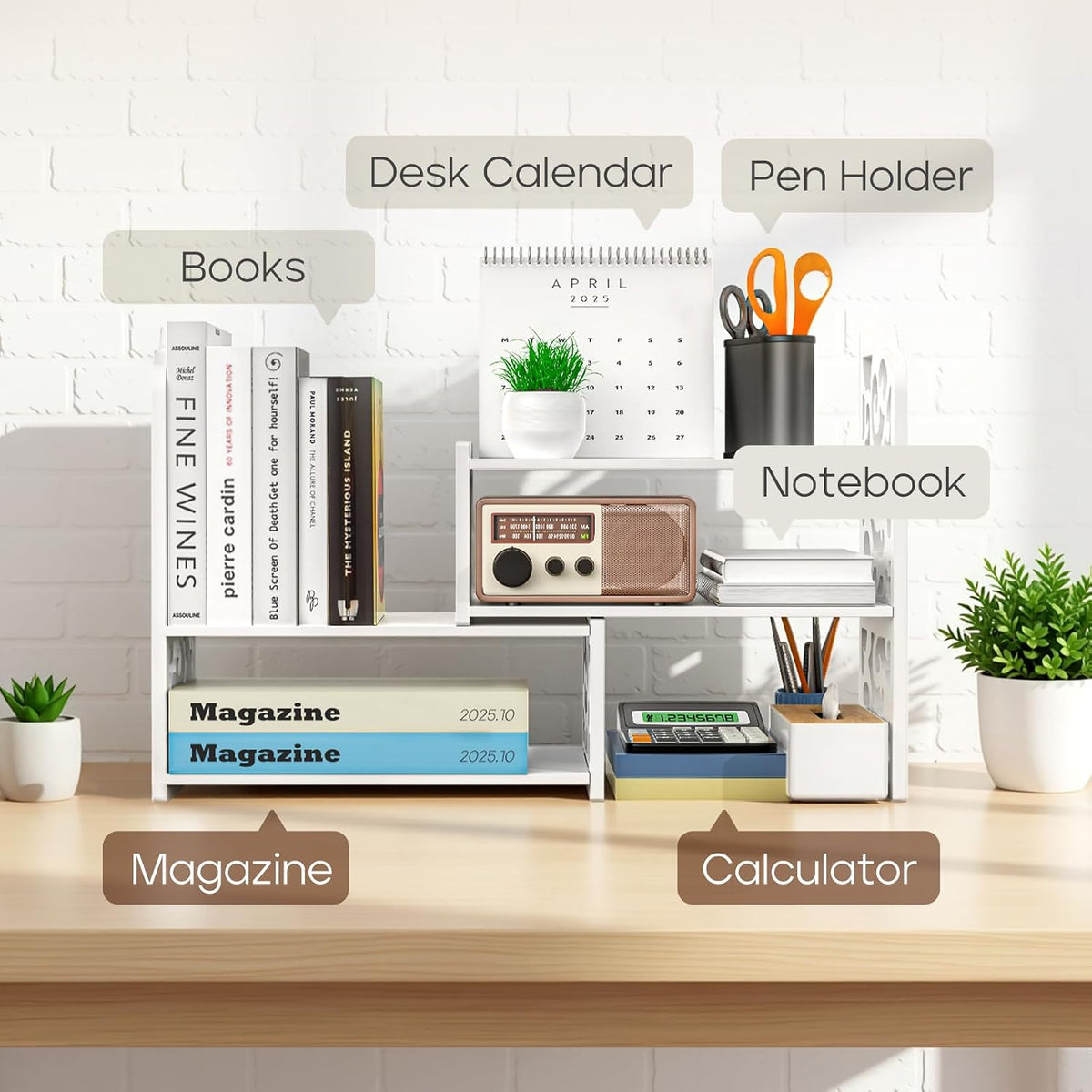 Desktop Shelves, White Bookshelf Desktop Organizer and Desktop Storage