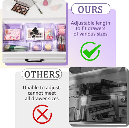 Adjustable Clear Drawer Organizer, Extendable Vanity Storage Bins, Desk Drawer Organizer Set for Makeup, Cosmetics, Bedroom, and Gadgets, Purple