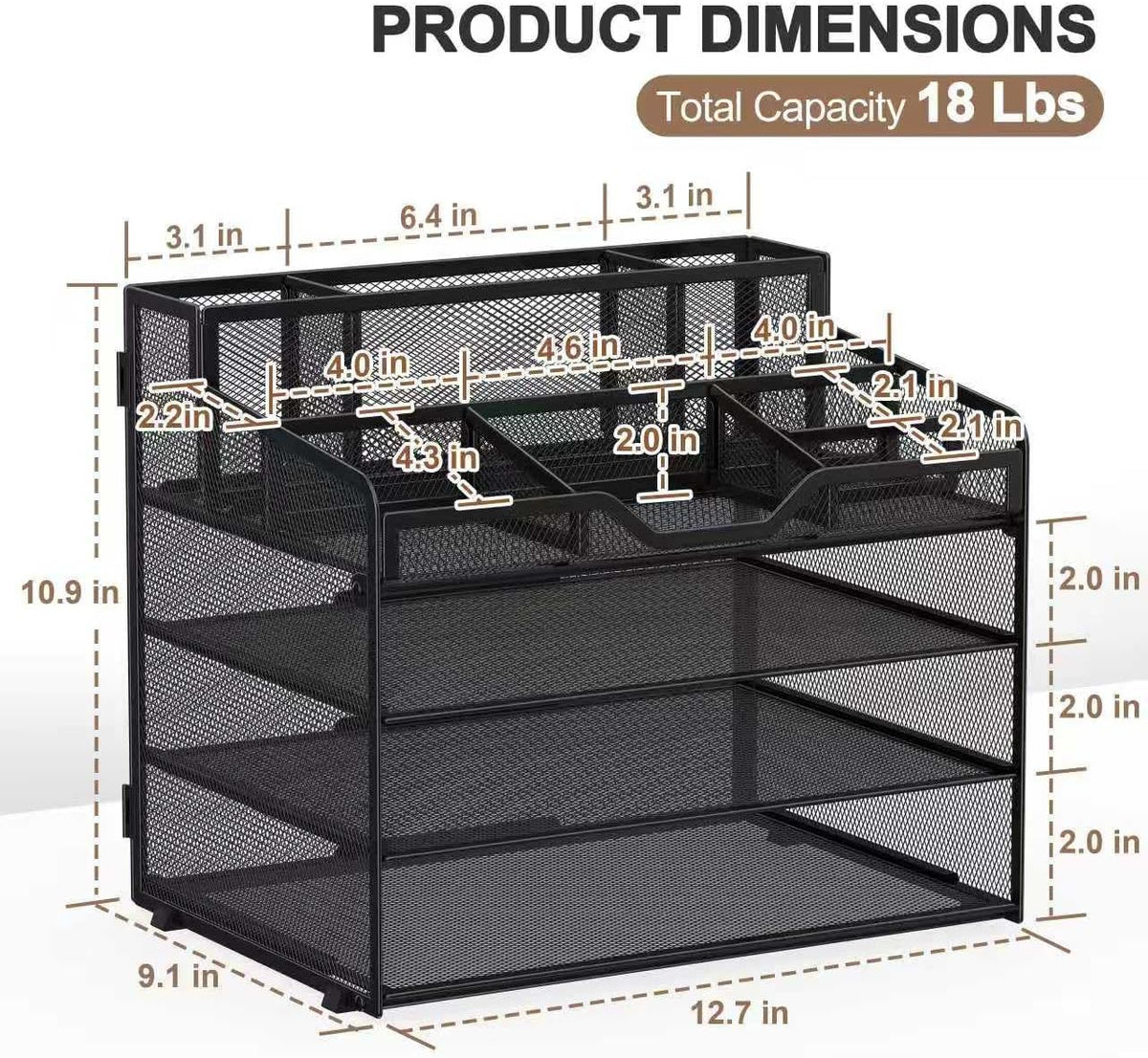 Docnest 5 Tier Mesh Desk Organizer for Paper Office Supplies – Multi-Functional Letter Tray with 5 Adjustable Compartments, 3 Pen Holders, Desktop Storage for Files, Mail, Stationery – Black