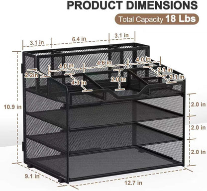 Docnest 5 Tier Mesh Desk Organizer for Paper Office Supplies – Multi-Functional Letter Tray with 5 Adjustable Compartments, 3 Pen Holders, Desktop Storage for Files, Mail, Stationery – Black