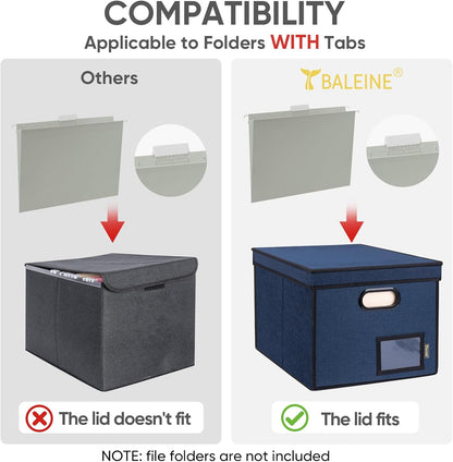 BALEINE File Organizer Box with Lid, Collapsible File Folder Organizer with Plastic Slide, Hanging File Folder Box for Office Document Storage (Black)
