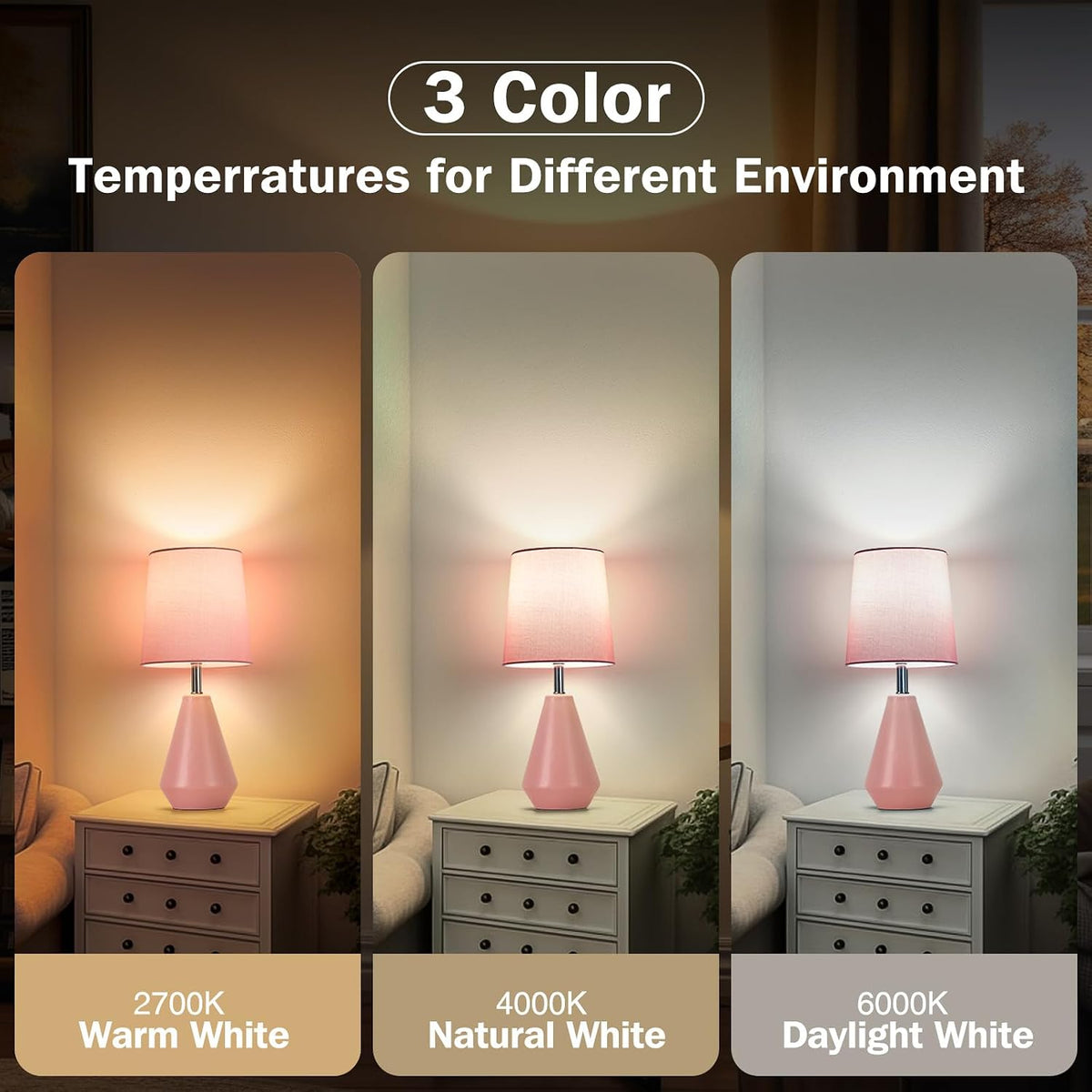 Small Bedside Table Lamp for Bedroom - Reading Desk Lamp with 3 Color Temperatures，15.5" Nightstand Ceramic Lamp with Fabric Shade for Kids Room,Living Room,Dorm,Home Office (Green)