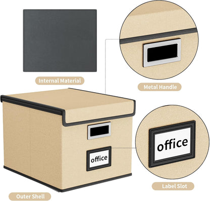 Upgraded Portable File Organizer Box with Lid, Collapsible Linen Hanging Filing Storage Boxes with Plastic Slides, Decorative Home/Office Filing System Box for File and Folders Storage (Gray)