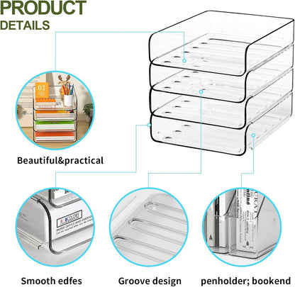 FANXIYQ 4-Tier Acrylic Paper Tray Organizer, Clear Stackable Desk File Organizer for Documents, Files, Letters, A4 Paper, Books, Notes, Mail & Paper Storage, Office Classroom Home