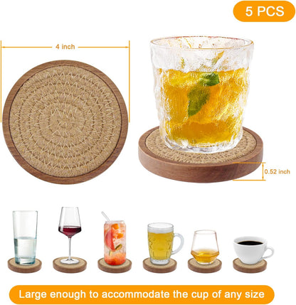 Wood Coasters for Drinks, Eykao Absorbent Coaster Sets of 5, Woven Drink Coasters for Coffee Table, Housewarming Gift for Farmhouse Home Decor,4 inches