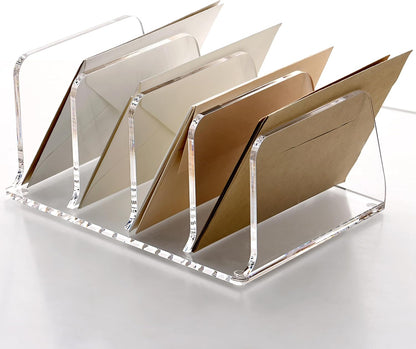 SANRUI Acrylic Mail Sorter Desktop Organizer Holder with Drawer, 5 Compartments Clear Small File Script Letter Document Storage for Desk Bill Filling Envelope Holder Office, Home, School Organization