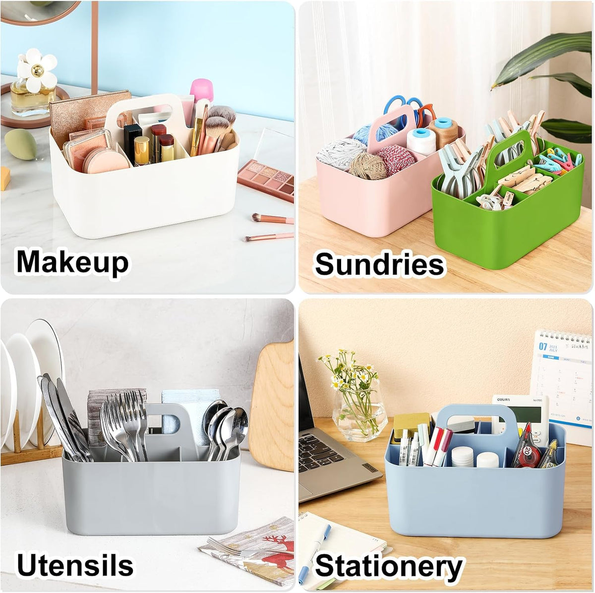Multiuse Caddy Organizer with Handle, Portable Divided Plastic Tote Bin - Art Craft, Stationary Pen Marker Crayons, Makeup Hair Supplies Storage - Bathroom, Classroom, Dorm, Office, Desk Holder -Black