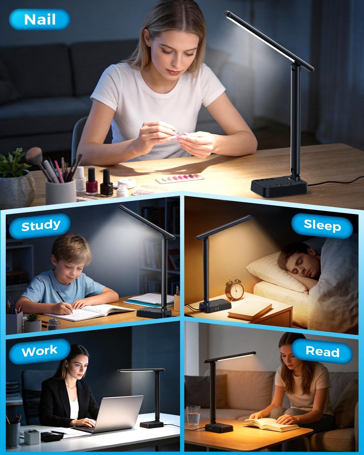 LED Desk Lamp with Power Strip, 3 AC Outlets & 4 USB Ports (2 USB-C), Stepless Dimming & 2800K-6500K Eye-Caring Desk Light, Foldable Table Lamp with 5FT Cord for Home Office, Dorm Room Essentials
