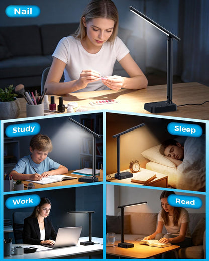 LED Desk Lamp with Power Strip, 3 AC Outlets & 4 USB Ports (2 USB-C), Stepless Dimming & 2800K-6500K Eye-Caring Desk Light, Foldable Table Lamp with 5FT Cord for Home Office, Dorm Room Essentials