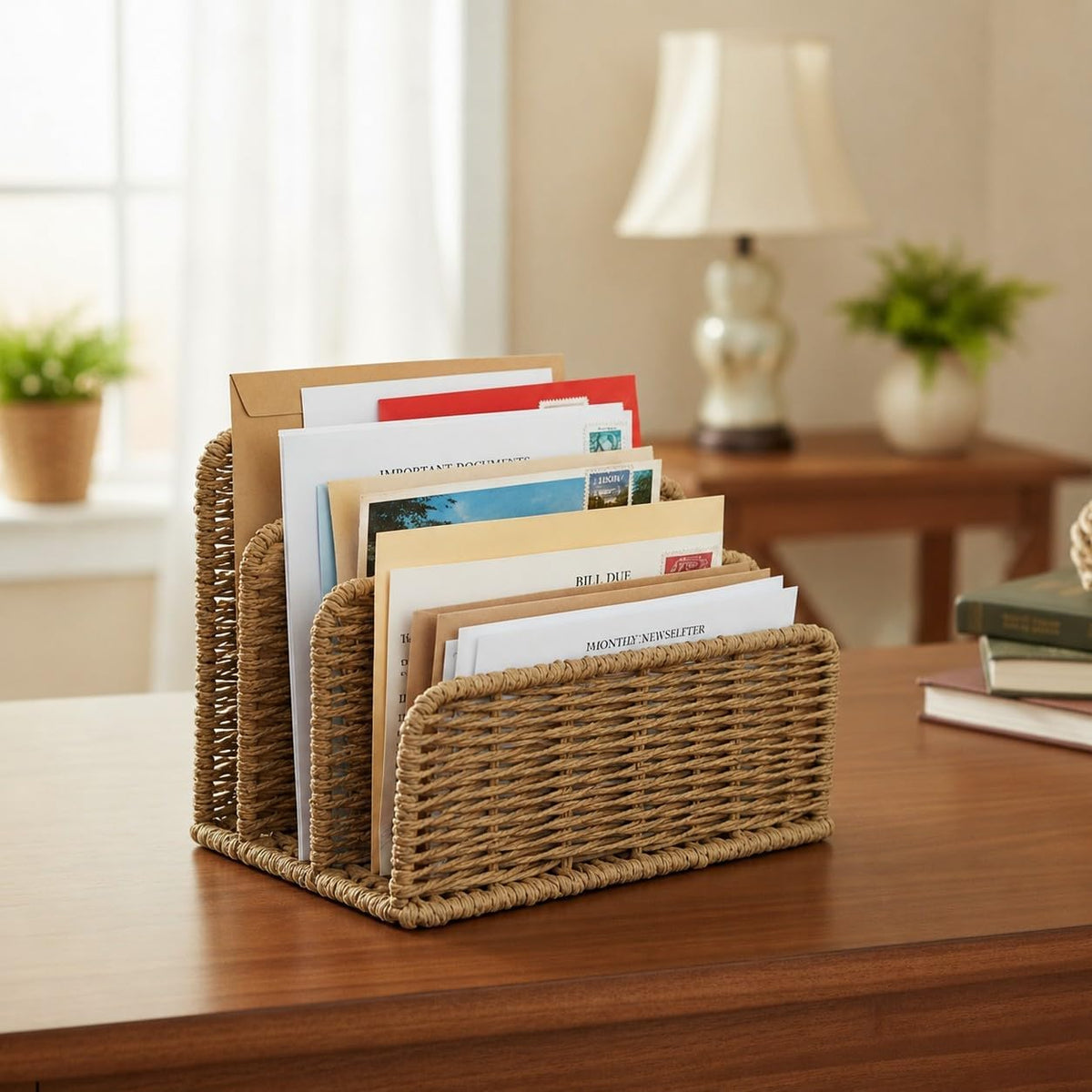 Desk Mail Organizer, 3-Slot Woven Letter Sorter File Tray, Multi-Purpose Desk Holder for Envelopes, Bills, Documents, Notebooks, Office and Home Use