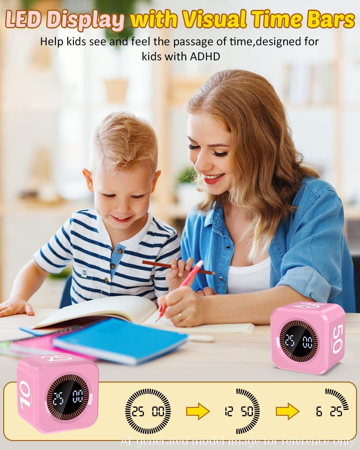 Digital Pomodoro Timer Cube 5/10/25/50min, Visual Productivity Flip Timer for Kids Classroom Desk, Custom Countdown, Silent and Sound Mode for ADHD Study Work Game Kitchen (Purple)