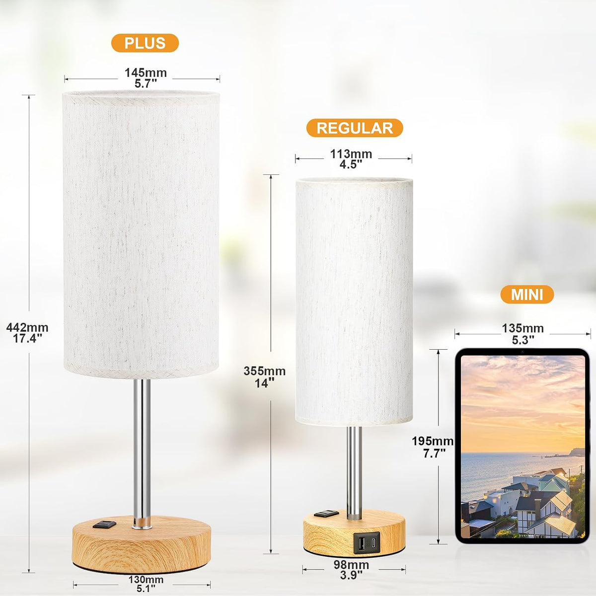 Fenmzee Bedside Table Lamp for Bedroom - Dimmable Touch, USB A+C, AC Outlet