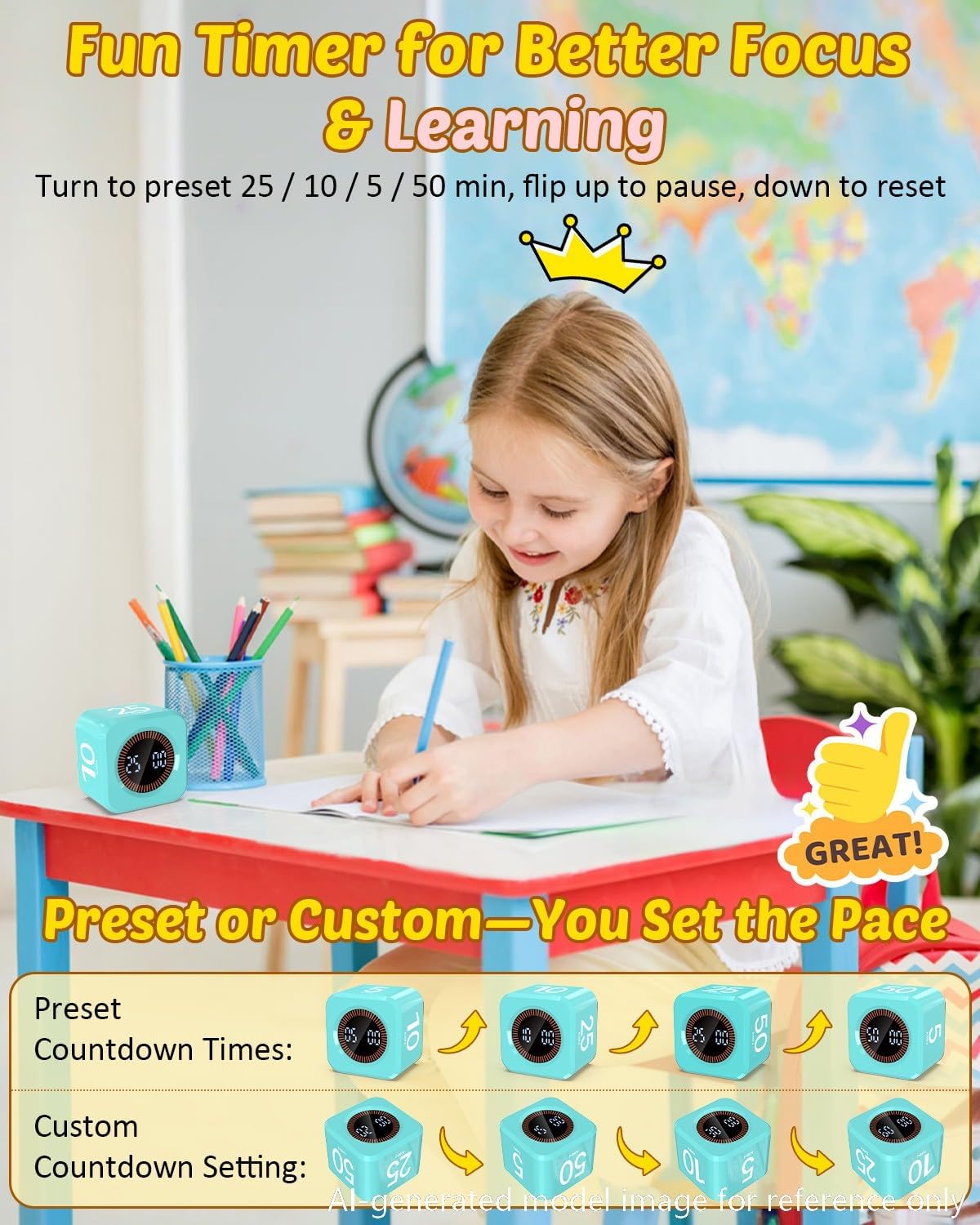 Digital Pomodoro Timer Cube 5/10/25/50min, Visual Productivity Flip Timer for Kids Classroom Desk, Custom Countdown, Silent and Sound Mode for ADHD Study Work Game Kitchen (Purple)