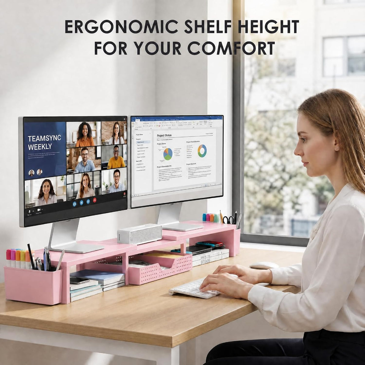 OPNICE Desk Organizers and Accessories, Dual Monitor Stand Riser with Drawer and 2 Pen Holders, Desk Shelf Metal Computer Racks for Office Workspace Organizers, Desktop Organization (Black Metal)