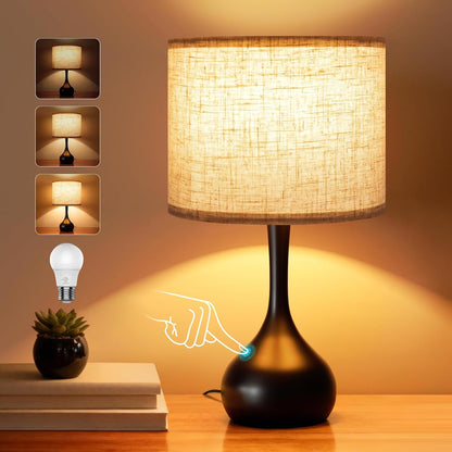 ONEWISH Touch Bedside Lamp for Bedroom, 3-Way Dimmable Farmhouse Table Lamps for Nightstand with Fabric Shade, Desk Lamp for Kids Reading, Home Office