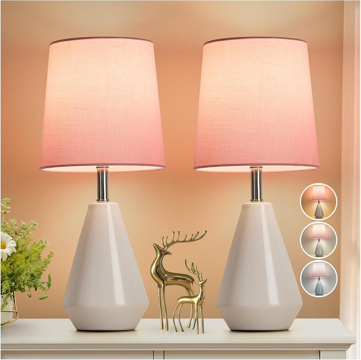 Small Bedside Table Lamp for Bedroom - Reading Desk Lamp with 3 Color Temperatures，15.5" Nightstand Ceramic Lamp with Fabric Shade for Kids Room,Living Room,Dorm,Home Office (Green)