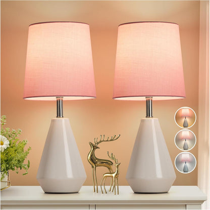 Small Bedside Table Lamp for Bedroom - Reading Desk Lamp with 3 Color Temperatures，15.5" Nightstand Ceramic Lamp with Fabric Shade for Kids Room,Living Room,Dorm,Home Office (Green)