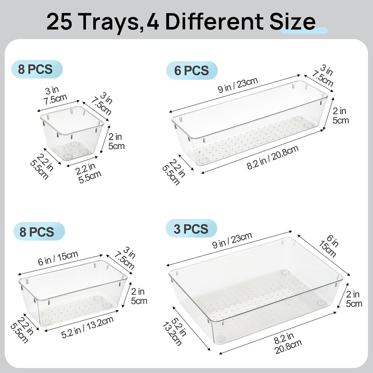 Vtopmart 25 PCS Clear Plastic Drawer Organizers Set, 4-Size Versatile Bathroom and Vanity Drawer Organizer Trays, Storage Bins for Makeup, Bedroom, Kitchen Gadgets Utensils and Office