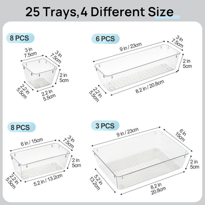 Vtopmart 25 PCS Clear Plastic Drawer Organizers Set, 4-Size Versatile Bathroom and Vanity Drawer Organizer Trays, Storage Bins for Makeup, Bedroom, Kitchen Gadgets Utensils and Office