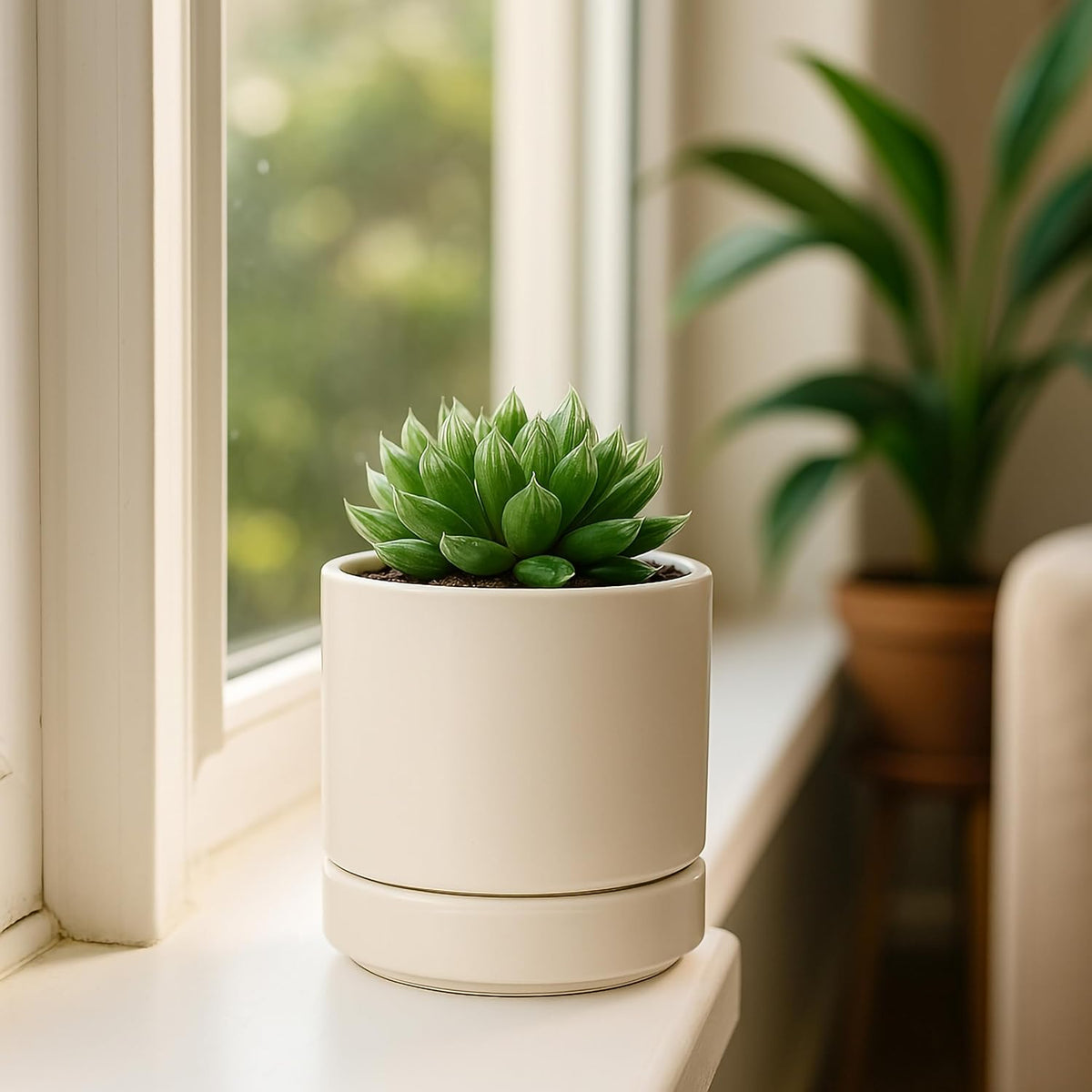 D'vine Dev 4.7 Inch Ceramic Planter Pot with Drainage Hole and Saucer, Indoor Cylinder Round Planter Pot, Teal, 94-O-B-9