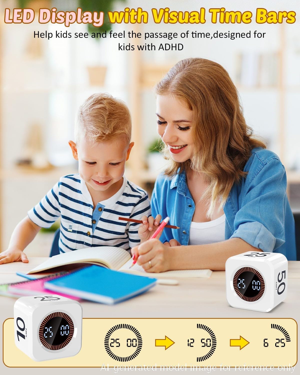 Digital Pomodoro Timer Cube 5/10/25/50min, Visual Productivity Flip Timer for Kids Classroom Desk, Custom Countdown, Silent and Sound Mode for ADHD Study Work Game Kitchen (Purple)