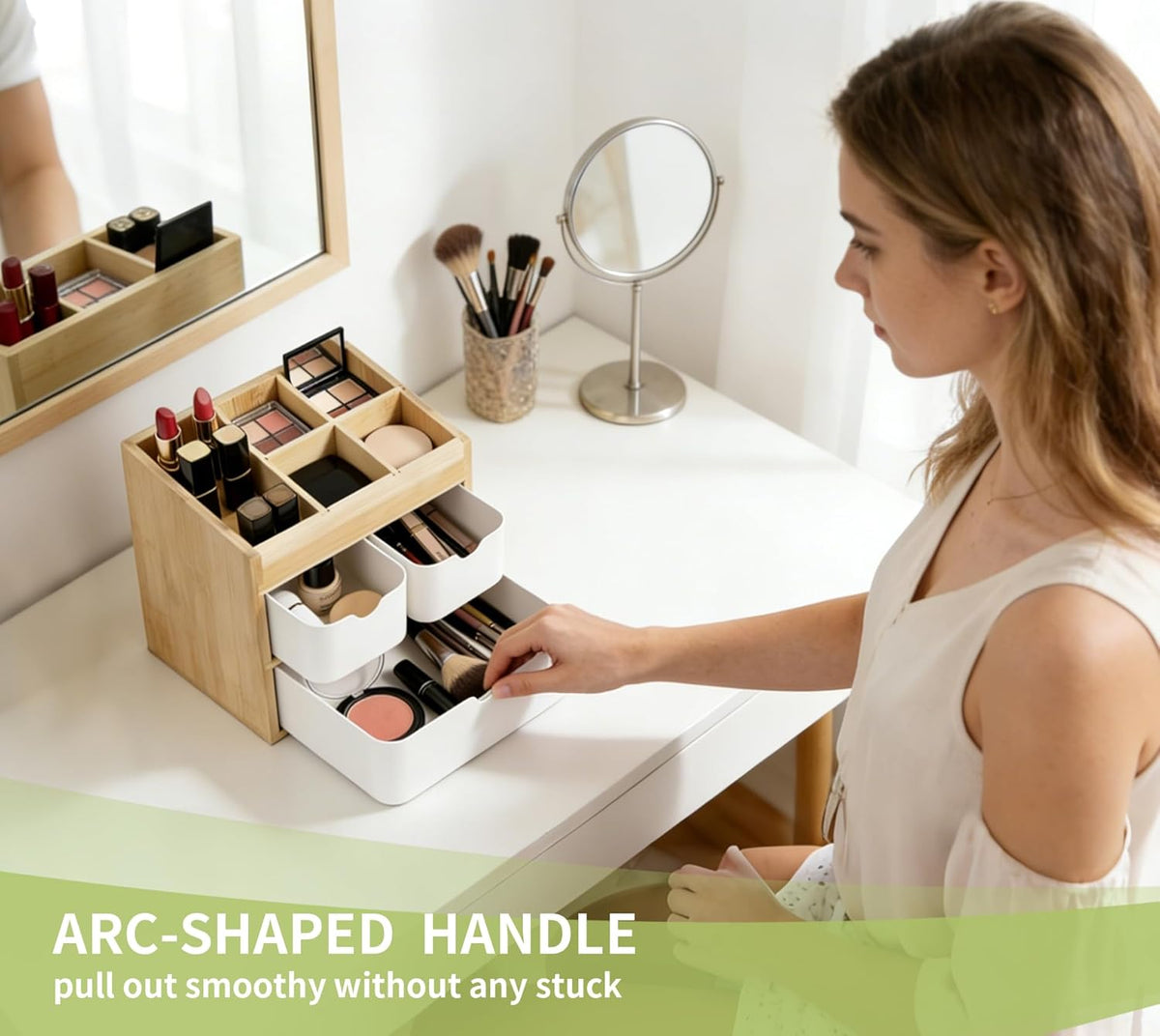 Bamboo Vanity Organizers with 3 Drawer, Mini Desk Organizer for Home, 3-tier Study/Office Organizer Rack, Adjustable 5 Compartment Makeup Display Case, Dresser Storage for Lipstick, Jewelry, Nail Care