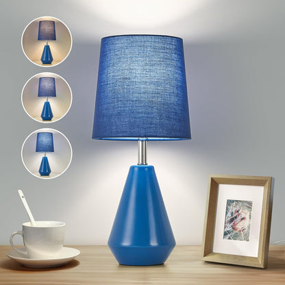 Small Bedside Table Lamp for Bedroom - Reading Desk Lamp with 3 Color Temperatures，15.5" Nightstand Ceramic Lamp with Fabric Shade for Kids Room,Living Room,Dorm,Home Office (Green)
