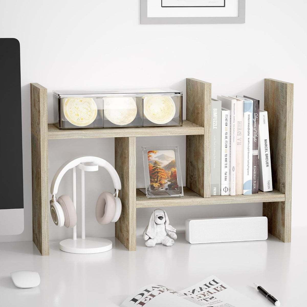 Jerry & Maggie Desktop Organizer Office Storage Rack Adjustable Wood Display Shelf Free Style Double H, Multi-Functional Mini Bookshelf for Desk Natural Stand (White)