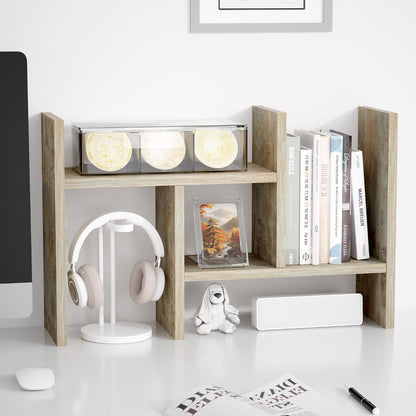 Jerry & Maggie Desktop Organizer Office Storage Rack Adjustable Wood Display Shelf Free Style Double H, Multi-Functional Mini Bookshelf for Desk Natural Stand (White)