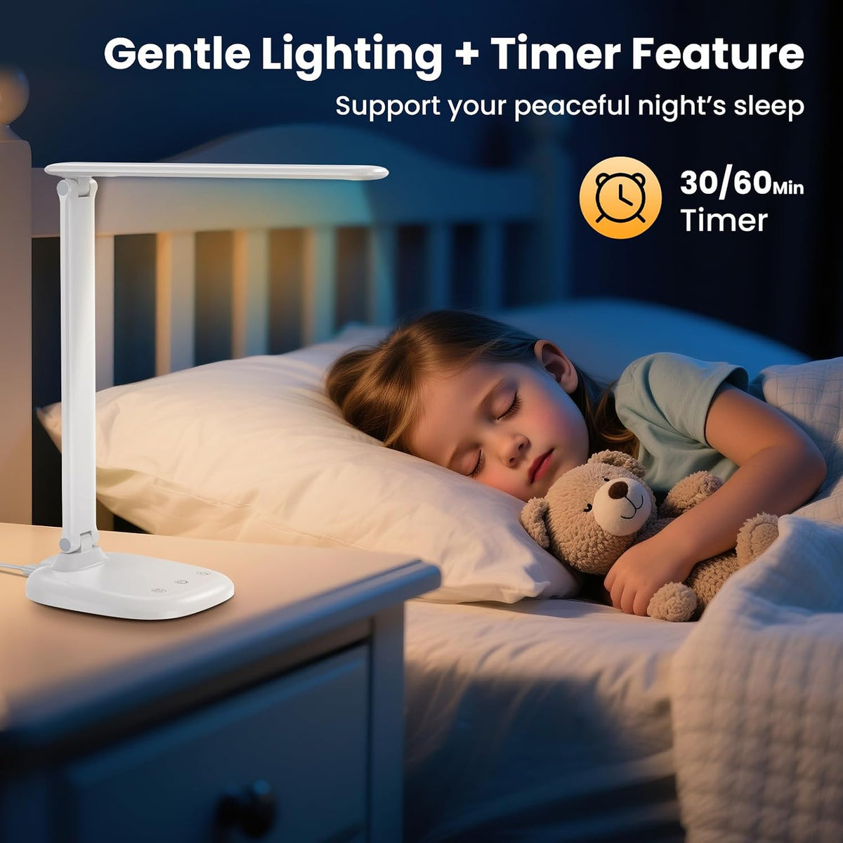 Desk Lamp with Charger, 10%-100% Stepless Dimmable & 5 Color Modes Study Lamp, Touch Control, 30-/60-minute Timer, USB Charging Output Port, CRI≥90, Eye-Caring Foldable LED Desk Lamps for Home Office