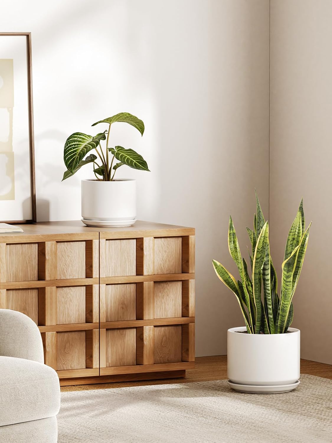 LE TAUCI Ceramic Pots for Plants, 6.8 Inch Plant Pots with Drainage Hole & Saucer, Modern Planter for Indoor Plants, Stable & Durable, Perfect for Living Room or Office Decor, White