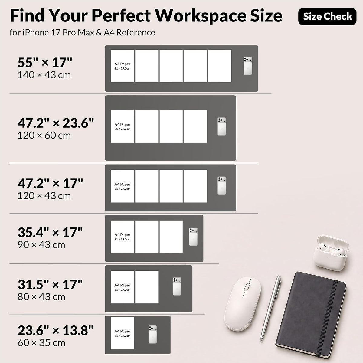 Large Desk Mat, 47" x 17", Black