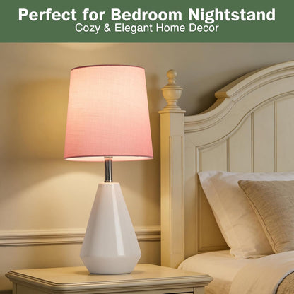 Small Bedside Table Lamp for Bedroom - Reading Desk Lamp with 3 Color Temperatures，15.5" Nightstand Ceramic Lamp with Fabric Shade for Kids Room,Living Room,Dorm,Home Office (Green)