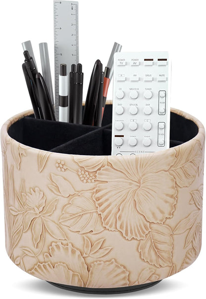 Round Leather Art Supply Organizer,Remote Control Holder,360 Degree Rotating,Multi-Functional Pencil Holder,4 Compartments Desktop Stationary Organizer(1-Blue Bird) - Colors B