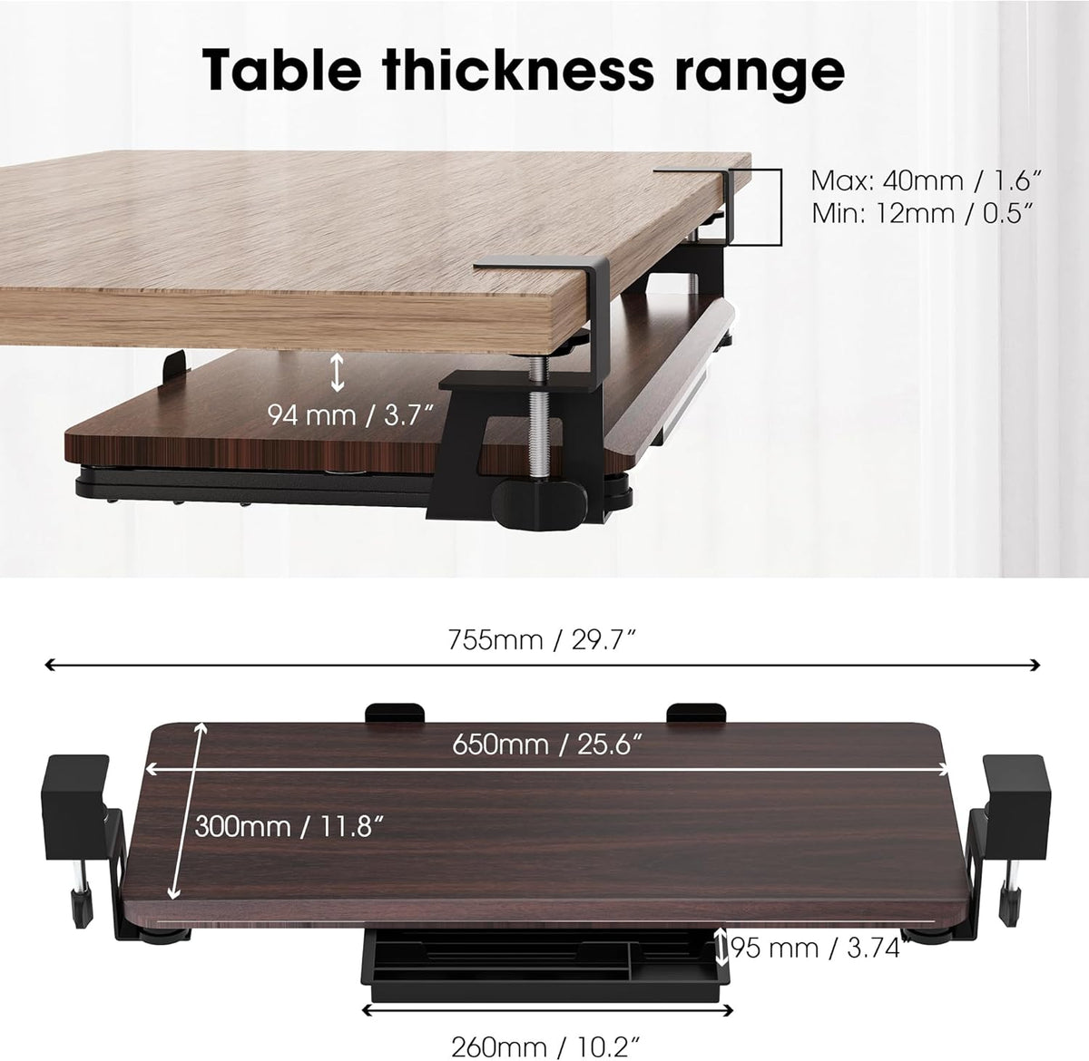 Fenge Keyboard Tray Under Desk, Pull Out Keyboard & Mouse Tray with C Clamp Mount, Sliding Keyboard Holder for Desk, 25.6 x 11.8 inch Large Slide-Out Platform Computer Drawer for Typing