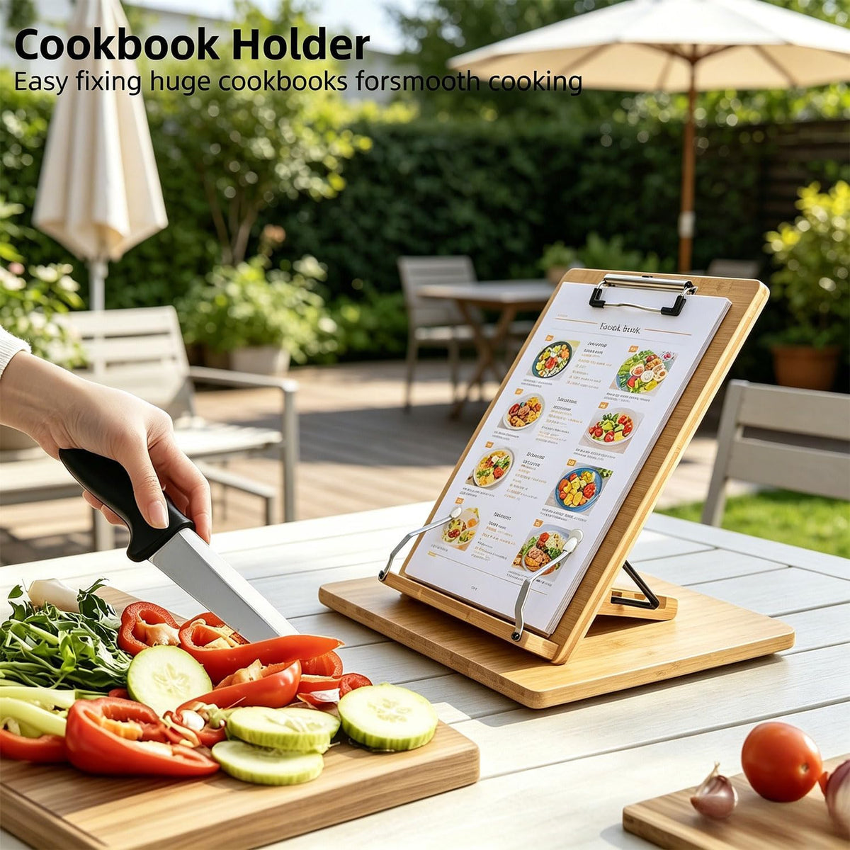 wishacc Large Bamboo Document Holder for Desk - 5 Adjustable Angles Paper Stand for Typing, Oversized Copyholder & Desktop Easel with 2 Page Clips, Foldable Sheet Holder for Legal Pad