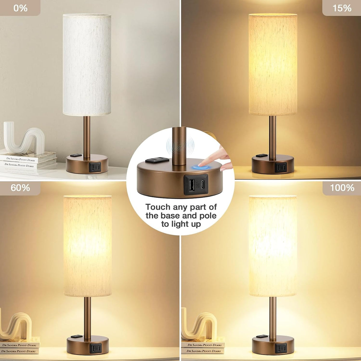 Fenmzee Bedside Table Lamp for Bedroom - Dimmable Touch, USB A+C, AC Outlet