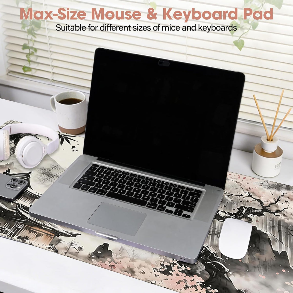 31.5" x 15.7" Waterproof Fabric Desk Pad, Rubber Anti-Slip Base, Stitched Edges No Curling, Fits Laptop Keyboard and Mouse, Smooth Office Mat Large Mouse Pad for Work Game, Black