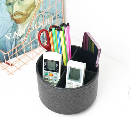 Round Leather Art Supply Organizer,Remote Control Holder,360 Degree Rotating,Multi-Functional Pencil Holder,4 Compartments Desktop Stationary Organizer(1-Blue Bird) - Colors C